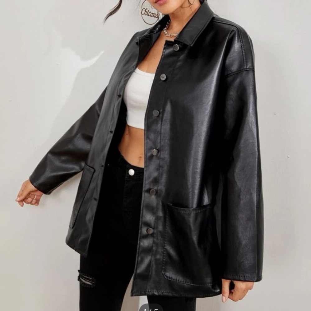Oversized lightweight black pleather coat